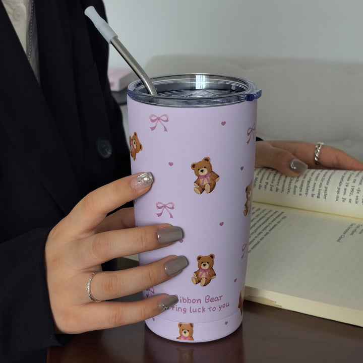 Cute Bow Bear 20Oz Stainless Steel Insulated Tumbler - Durable, Reusable, Multi-Purpose Travel Mug for Hot and Cold Beverages, Perfect for Camping, Outdoor Adventures, and Thoughtful Gifts - Straw Not Included