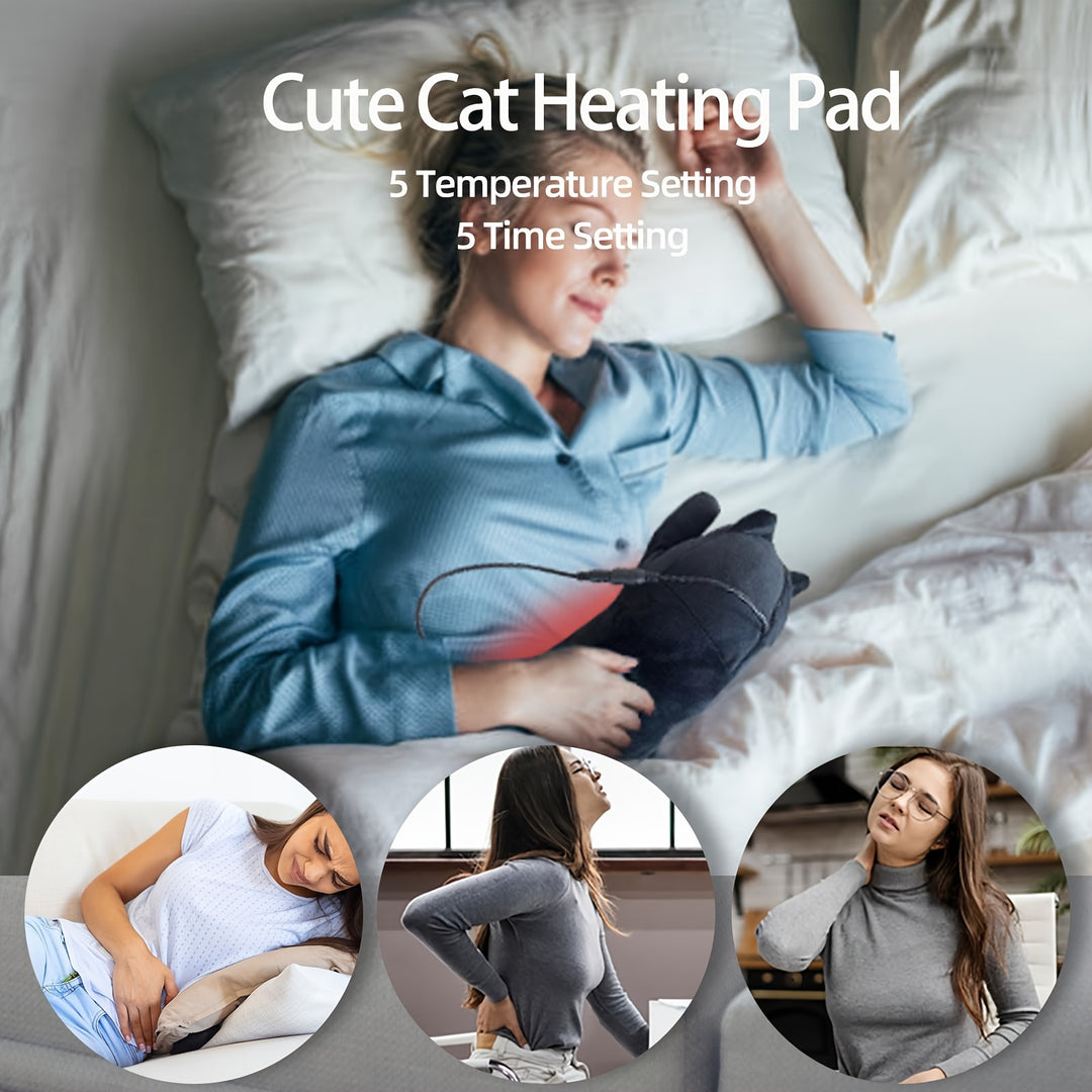 17.7 Inch Heated Black Cat Pillow Cushion with 5 Temperature Settings - USB Heating Pad - All-Season, 45cm
