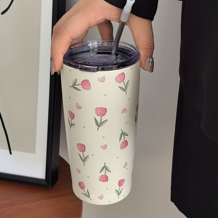 1pc, Tulip Pattern Water Bottle, 600ml/20.29oz Stainless Steel Insulated Water Cups, Summer Winter Drinkware, Travel Accessories, Gifts