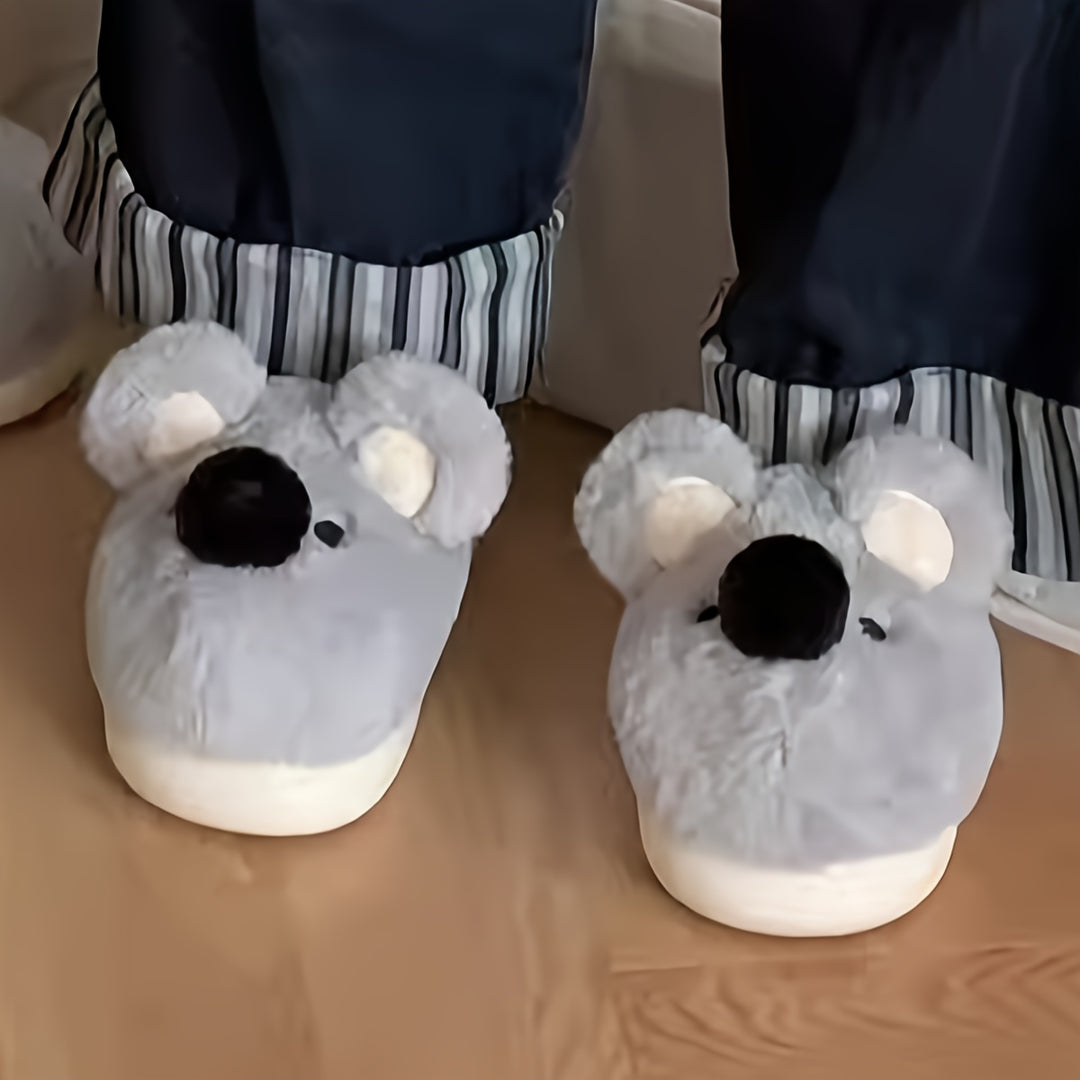 Cute Koala Plush Slippers for Women - Winter Casual Indoor Non-Slip Fabric Slippers with EVA Sole, Hand Washable, Cartoon Pattern, Warm Home Shoes for Couples