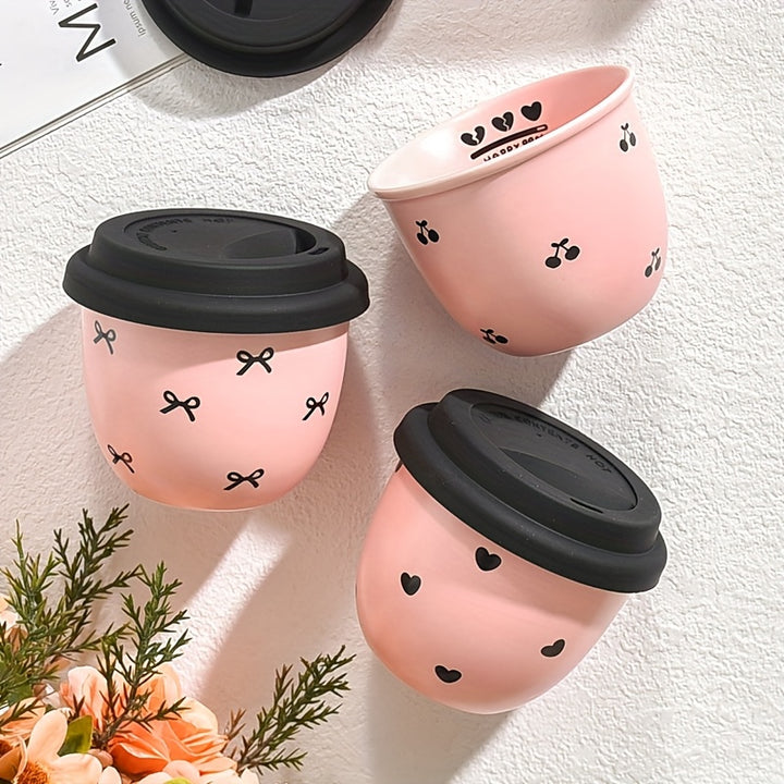 1pc High Beauty Pink 245Ml/8.29Oz Ceramic Coffee Cup with Lid. Bow Shaped Love Cherry Hand Cup, Afternoon Tea, Very Suitable for Mini Coffee, Coffee Lovers Gift, Valentine'S Day Gift, Sisters Gift, Mother Gift, Birthday Gift, Wedding Gift