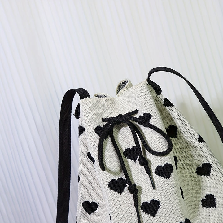 Simple Heart Shaped Pattern Bucket Bag, Drawstring All-Match Handbag for Women, Classic Women's Bag