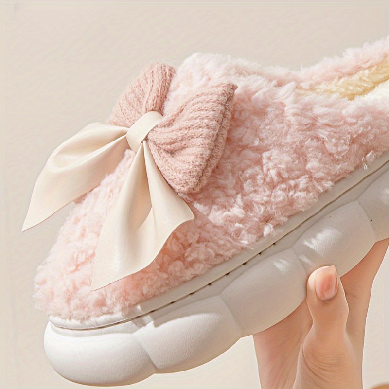 Winter Warm Plush Slippers - 1 Pair Women's Casual Solid Color Bowknot Indoor House Shoes - Thick Sole Non-Slip with Superfine Fiber Insole and TPU Sole