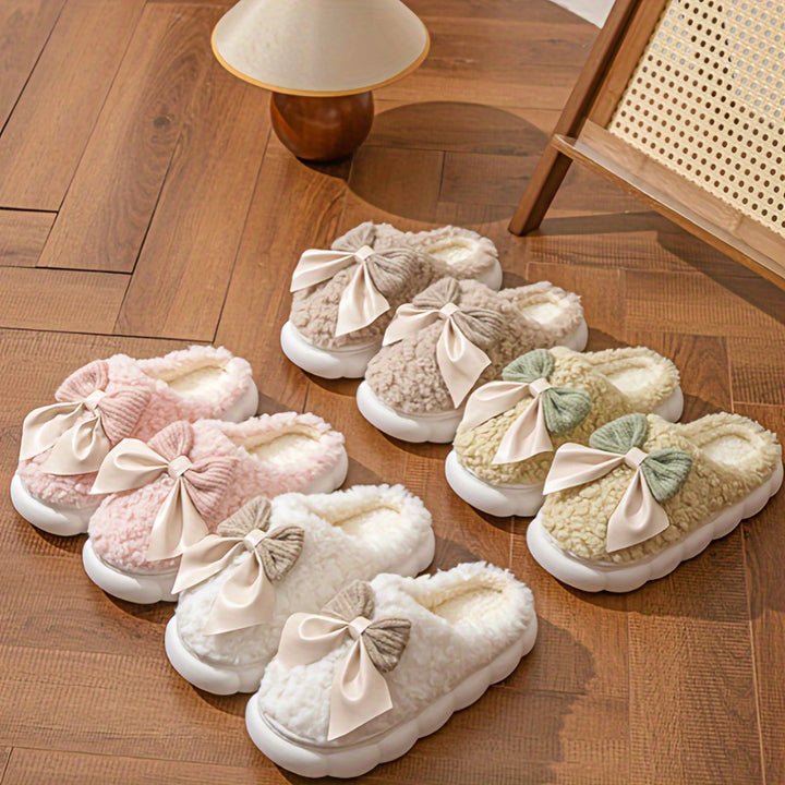 Winter Warm Plush Slippers - 1 Pair Women's Casual Solid Color Bowknot Indoor House Shoes - Thick Sole Non-Slip with Superfine Fiber Insole and TPU Sole