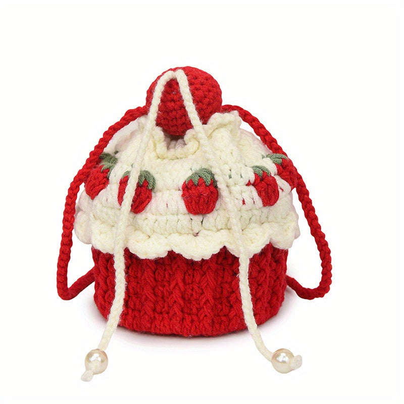 Handmade Strawberry Cake Knit Bucket Bag – Red & White Crochet Shoulder Messenger Bag with Drawstring Closure, Sweet Design for Women