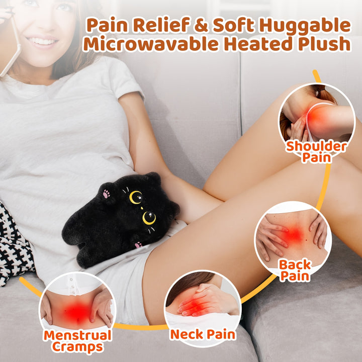 MeWaii 9 Inch Black Cat Plush Heating Pad - Microwaveable & Cordless Cozy Throw Pillow for Cold Relax, Soft Polyester Stuffed Animal with Cute Design, Perfect Gift for Christmas, Birthdays, Weddings, Thanksgiving & New Year, Holiday Party Favor | Playful