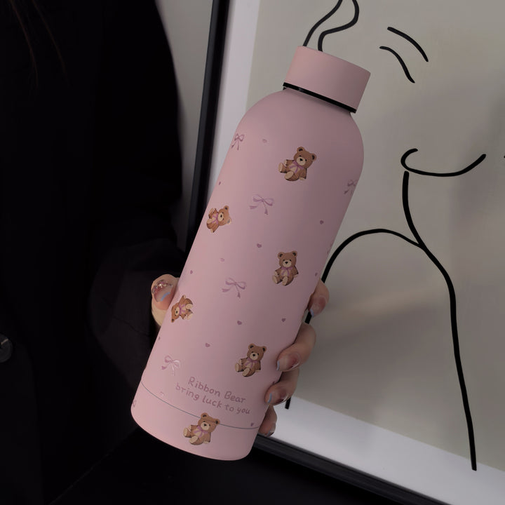 [Reusable Stainless Steel Coffee Mug] 1pc Ribbon Bear Series Stainless Steel Insulated Tumbler, 17oz/500ml, Double-Wall Vacuum Bottle for Hot & Cold Drinks, Travel & Gym Cup, Coffee Mug, Car Cup, All-Season Beverage Container, Reusable, Hand Wash Only