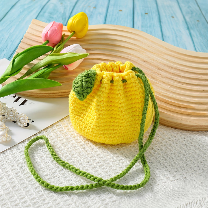 Handmade Crochet Pineapple Drawstring Pouch, Polyester Fiber Knitted Coin Purse with Leaf Accents