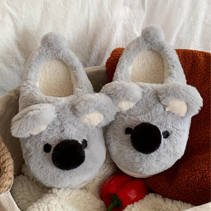 Cute Koala Plush Slippers for Women - Winter Casual Indoor Non-Slip Fabric Slippers with EVA Sole, Hand Washable, Cartoon Pattern, Warm Home Shoes for Couples