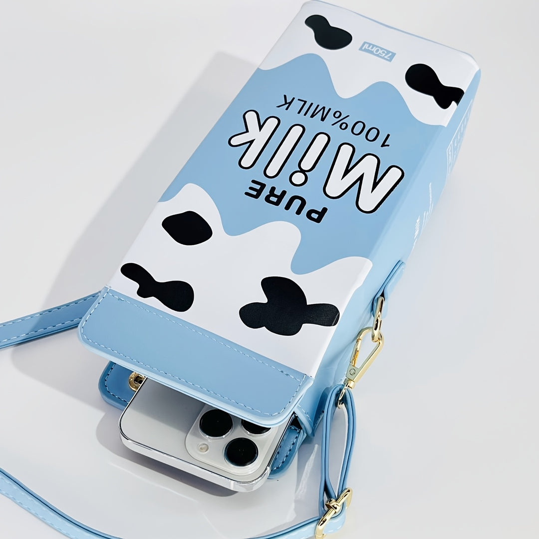 Strawberry Milk Carton Crossbody Bag - Cute Pink PU Shoulder Bag with Adjustable Strap, Zipper Closure, and Playful Cow Print Design for Travel & Everyday Use, Cow Print Purse