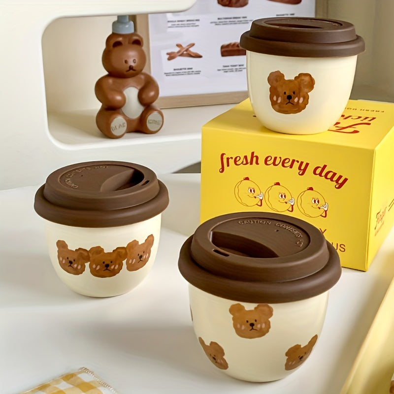 One, small capacity of 8.28oz coffee cup, suitable for drinking exquisite mini coffee in one sip, cute bear-shaped tea cup with lid, suitable for home use and office use, suitable as a gift for couples, graduation season gifts, bestie gift, colleague gift