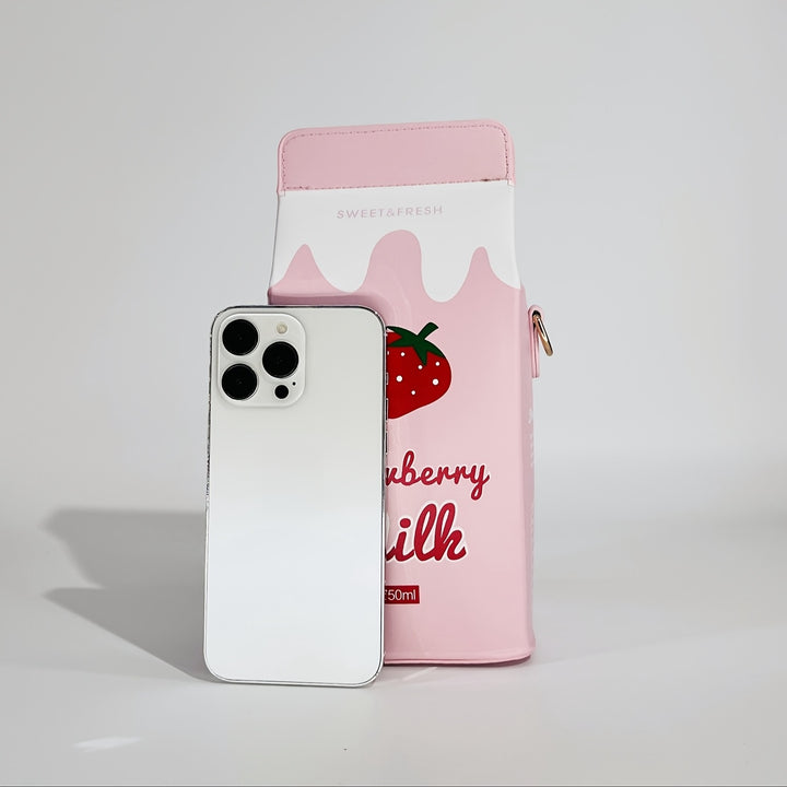 Strawberry Milk Carton Crossbody Bag - Cute Pink PU Shoulder Bag with Adjustable Strap, Zipper Closure, and Playful Cow Print Design for Travel & Everyday Use, Cow Print Purse