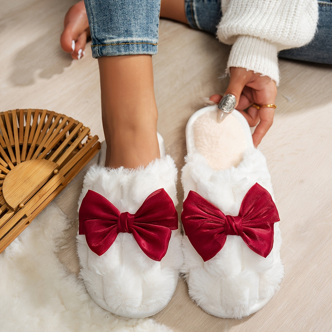 [Cozy|Plush] Soft White Cozy Plush Women’s Slippers | Satin Bow, Pink & Red Accents, EVA Sole, Hand Washable, Indoor Winter Warmth