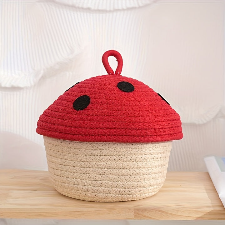 Small Mushroom Rope Storage Basket for Organizing Household Washable Trash and Cosmetics with Lid, Suitable for Living Room, Bedroom, Kitchen Multi-Scene Storage