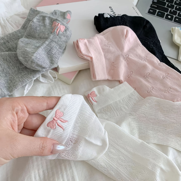 3pcs Cute Bowknot Ankle Socks for Women - Breathable & Comfortable Polyester Blend, Perfect for Spring & Summer
