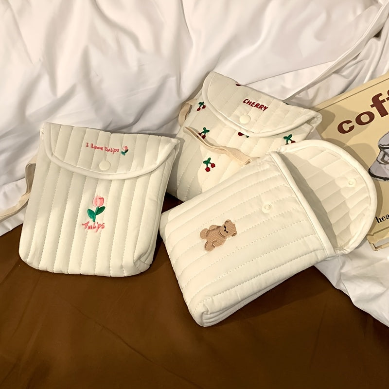 Cherry Quilted Sanitary Napkin Storage Bag – Cute White Portable Mini Makeup Organizer with Cherry Embroidery, Polyester Material for Women, Compact and Stylish