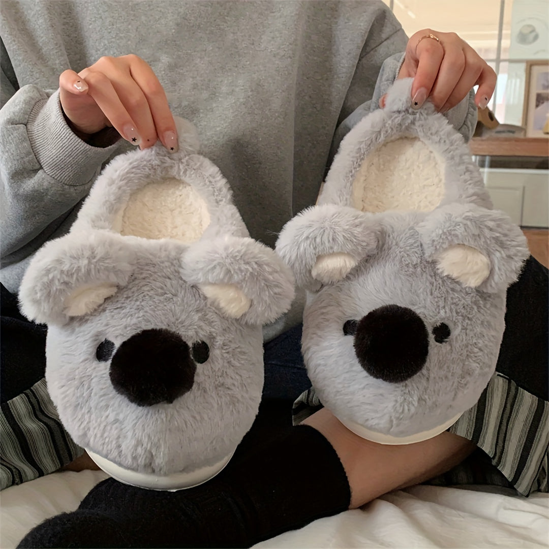Cute Koala Plush Slippers for Women - Winter Casual Indoor Non-Slip Fabric Slippers with EVA Sole, Hand Washable, Cartoon Pattern, Warm Home Shoes for Couples