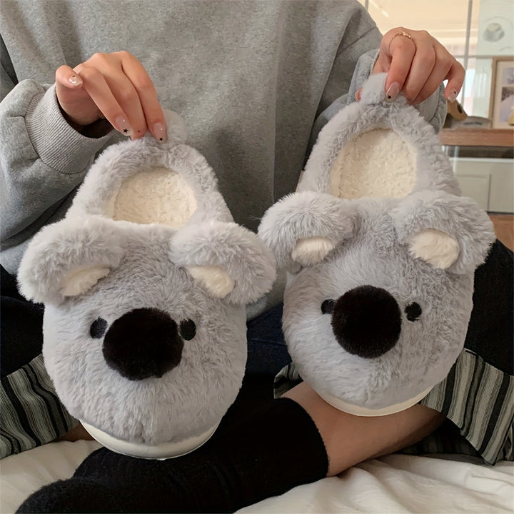 Cute Koala Plush Slippers for Women - Winter Casual Indoor Non-Slip Fabric Slippers with EVA Sole, Hand Washable, Cartoon Pattern, Warm Home Shoes for Couples