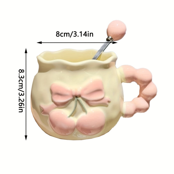 1pc Vintage Embossed Cherry Ceramic Mug with Spoon Pink Girl's Heart Office Coffee Cup, Suitable for Coffee, Juice, Beverage, Milk