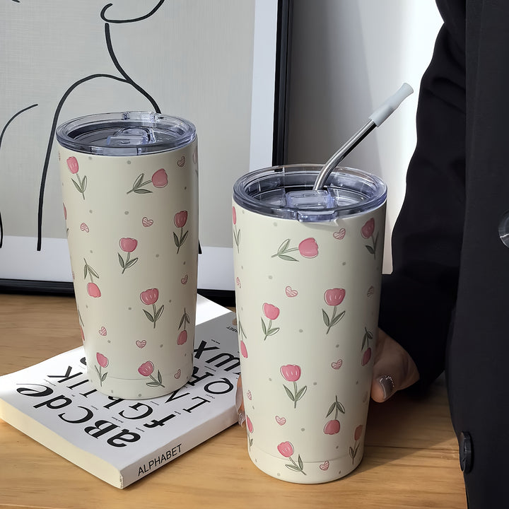 1pc, Tulip Pattern Water Bottle, 600ml/20.29oz Stainless Steel Insulated Water Cups, Summer Winter Drinkware, Travel Accessories, Gifts