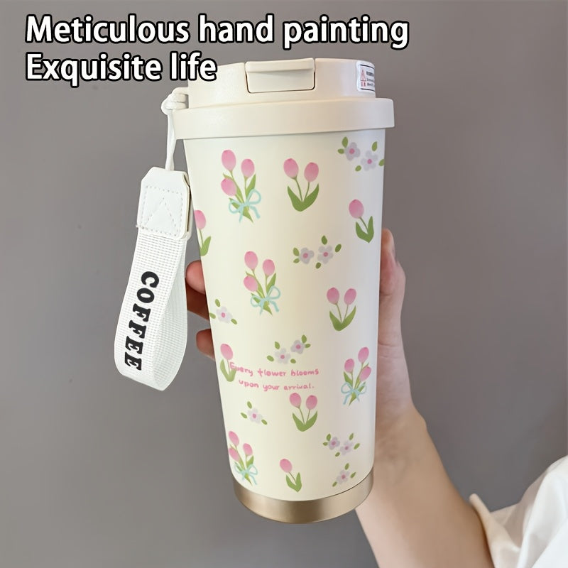 17.92oz Pink Tulip Pattern Insulated Cup with Straw & Lid - Stainless Steel, Portable, Ideal for Office, Home, Travel, Sports, Outdoor Activities - Perfect Ramadan Gift