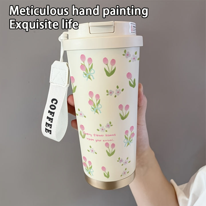 17.92oz Pink Tulip Pattern Insulated Cup with Straw & Lid - Stainless Steel, Portable, Ideal for Office, Home, Travel, Sports, Outdoor Activities - Perfect Ramadan Gift