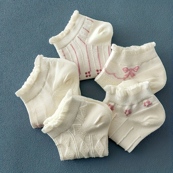 5 Pairs Women's Cute Bow & Floral Pattern Ankle Socks - Breathable Polyester Blend, Ruffled Detail, Machine Washable, Cozy Casual Attire|Ruffled Sock Edges|Polyester Spandex Blend, Cute Socks