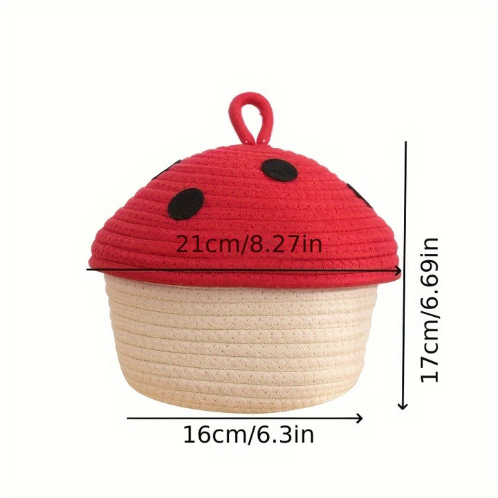 Small Mushroom Rope Storage Basket for Organizing Household Washable Trash and Cosmetics with Lid, Suitable for Living Room, Bedroom, Kitchen Multi-Scene Storage