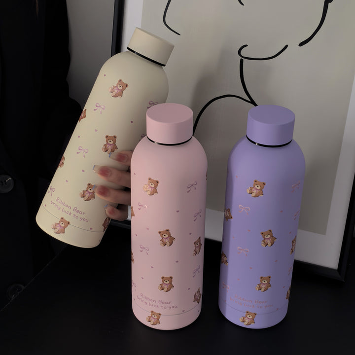 [Reusable Stainless Steel Coffee Mug] 1pc Ribbon Bear Series Stainless Steel Insulated Tumbler, 17oz/500ml, Double-Wall Vacuum Bottle for Hot & Cold Drinks, Travel & Gym Cup, Coffee Mug, Car Cup, All-Season Beverage Container, Reusable, Hand Wash Only