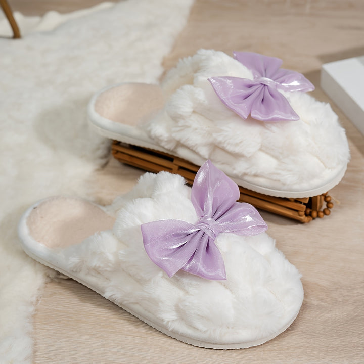 [Cozy|Plush] Soft White Cozy Plush Women’s Slippers | Satin Bow, Pink & Red Accents, EVA Sole, Hand Washable, Indoor Winter Warmth