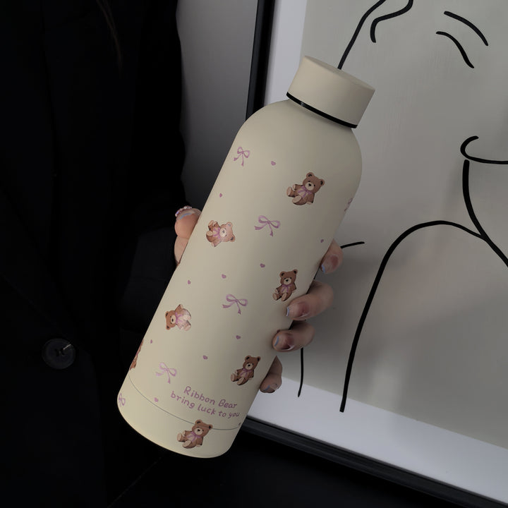 [Reusable Stainless Steel Coffee Mug] 1pc Ribbon Bear Series Stainless Steel Insulated Tumbler, 17oz/500ml, Double-Wall Vacuum Bottle for Hot & Cold Drinks, Travel & Gym Cup, Coffee Mug, Car Cup, All-Season Beverage Container, Reusable, Hand Wash Only