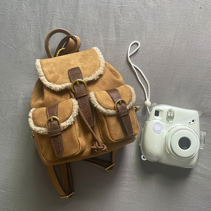 [Stylish Dual-Strap Handbag Autumn] Hailong Palace Elegant Daypack Backpack for Women - Casual Soft Shell Faux Fur Mini Back Bag with Utility Pocket, Buckle Closure, Light Brown Polyester Lining, Wipe Clean - Stylish Autumn/Winter Dual-Strap Handbag