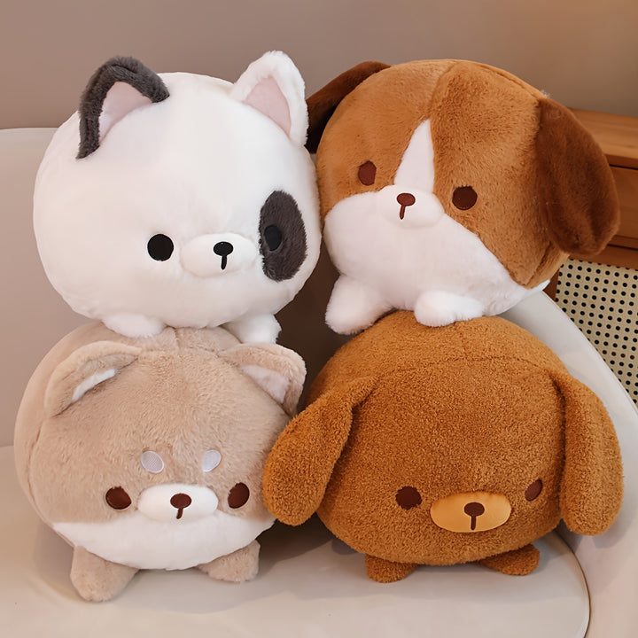 A Soft And Adorable Round Plush Toy Featuring a Teddy Dog, Shiba Inu, Beagle, And Bulldog, Perfect As a Decorative Pillow for Home Or As a Birthday Party Gift.