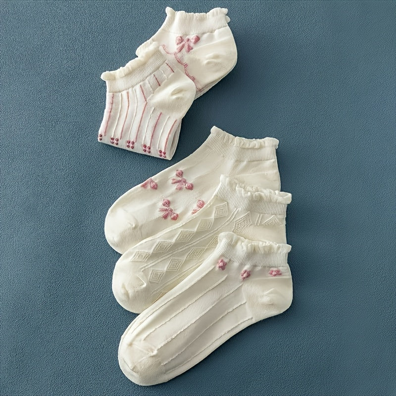 5 Pairs Women's Cute Bow & Floral Pattern Ankle Socks - Breathable Polyester Blend, Ruffled Detail, Machine Washable, Cozy Casual Attire|Ruffled Sock Edges|Polyester Spandex Blend, Cute Socks