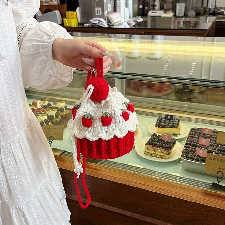 Handmade Strawberry Cake Knit Bucket Bag – Red & White Crochet Shoulder Messenger Bag with Drawstring Closure, Sweet Design for Women