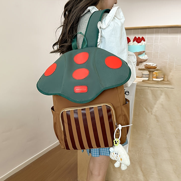Whimsical Mushroom House Backpack - Large Capacity, Lightweight & Adjustable Straps, Pink/Green Cartoon Design with Red Spots, Polyester, Hand-Washable, Perfect for School, Travel & Everyday Use, Travel Bag | Playful Accessory | Decorative Elements
