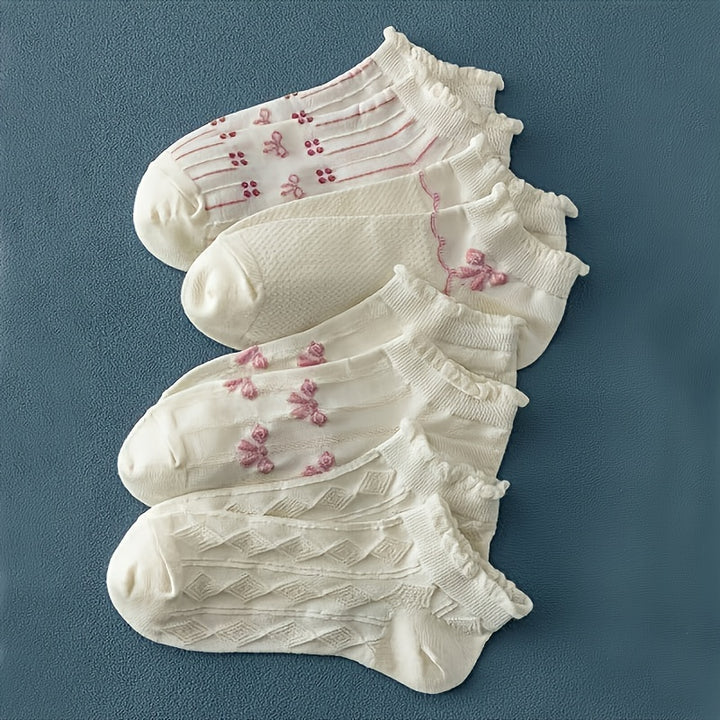 5 Pairs Women's Cute Bow & Floral Pattern Ankle Socks - Breathable Polyester Blend, Ruffled Detail, Machine Washable, Cozy Casual Attire|Ruffled Sock Edges|Polyester Spandex Blend, Cute Socks