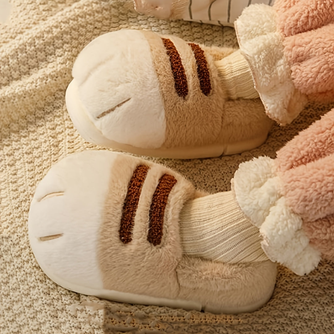 [Warm Cartoon Cat Paw Slippers] Winter Cartoon Cat Paw Style Women's Slippers for Home Warmth Men's Plush Flat Shoes