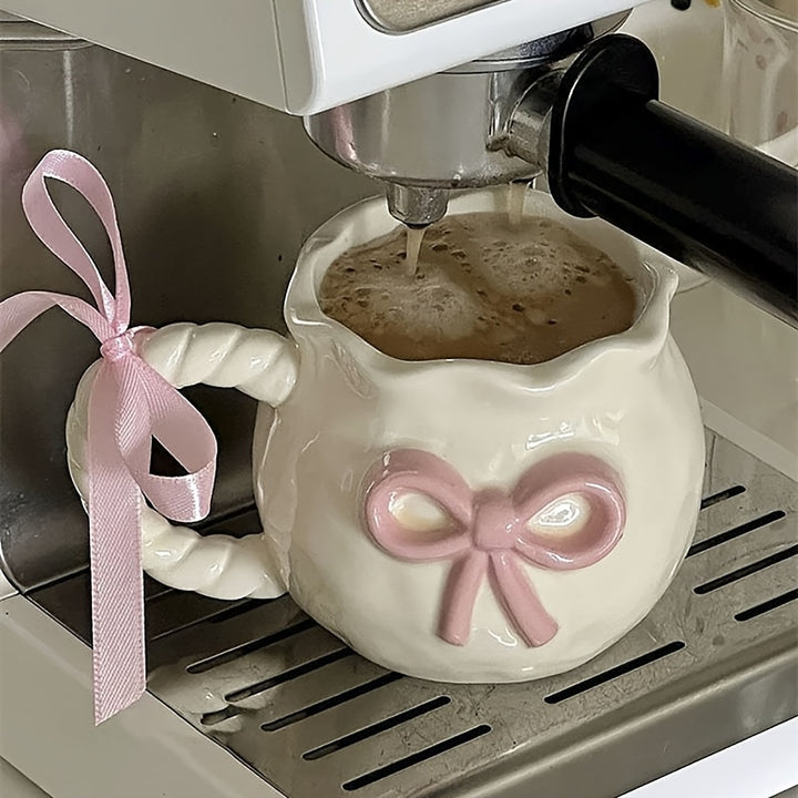 1pc Elegant Pink Bow Ceramic Mug - Reusable, Hand-Wash Only, Perfect for Coffee, Tea, Breakfast, or Afternoon Delight - Ideal for Office, Party, Birthday, and Holiday Gifts, Office Mug | Elegant Mug Design | Smooth Finish
