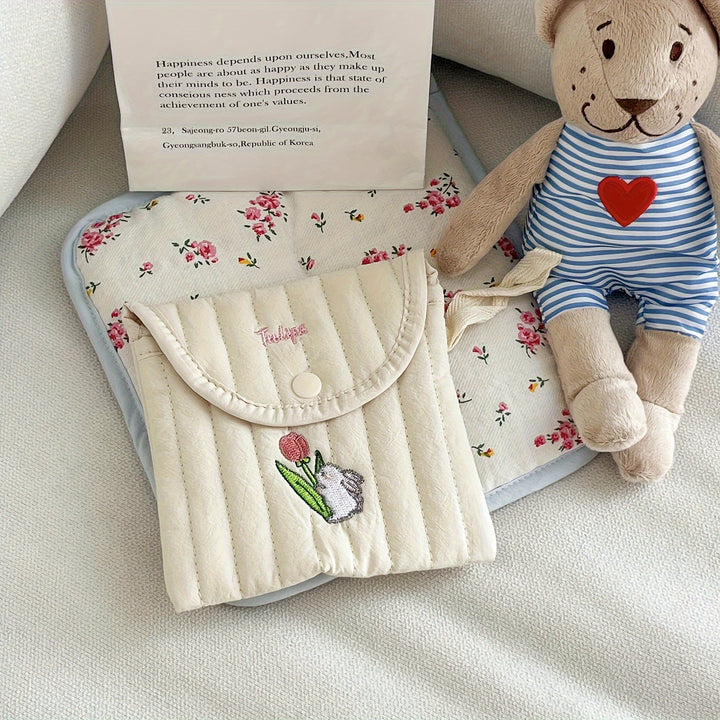 1pc Cute Cartoon Embroidered Pad Case, Lightweight Portable Menstrual Pack, High Aesthetic Sanitary Napkin Storage Bag, Polyester, Unisex, Fragrance-Free, Cosmetic Bag for Women