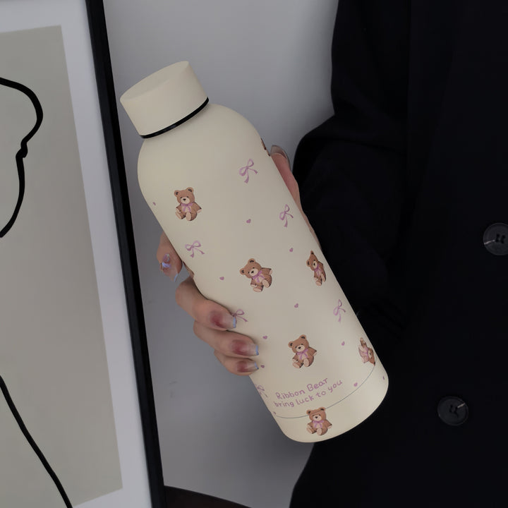 [Reusable Stainless Steel Coffee Mug] 1pc Ribbon Bear Series Stainless Steel Insulated Tumbler, 17oz/500ml, Double-Wall Vacuum Bottle for Hot & Cold Drinks, Travel & Gym Cup, Coffee Mug, Car Cup, All-Season Beverage Container, Reusable, Hand Wash Only