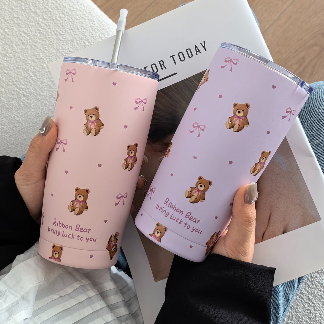 Cute Bow Bear 20Oz Stainless Steel Insulated Tumbler - Durable, Reusable, Multi-Purpose Travel Mug for Hot and Cold Beverages, Perfect for Camping, Outdoor Adventures, and Thoughtful Gifts - Straw Not Included