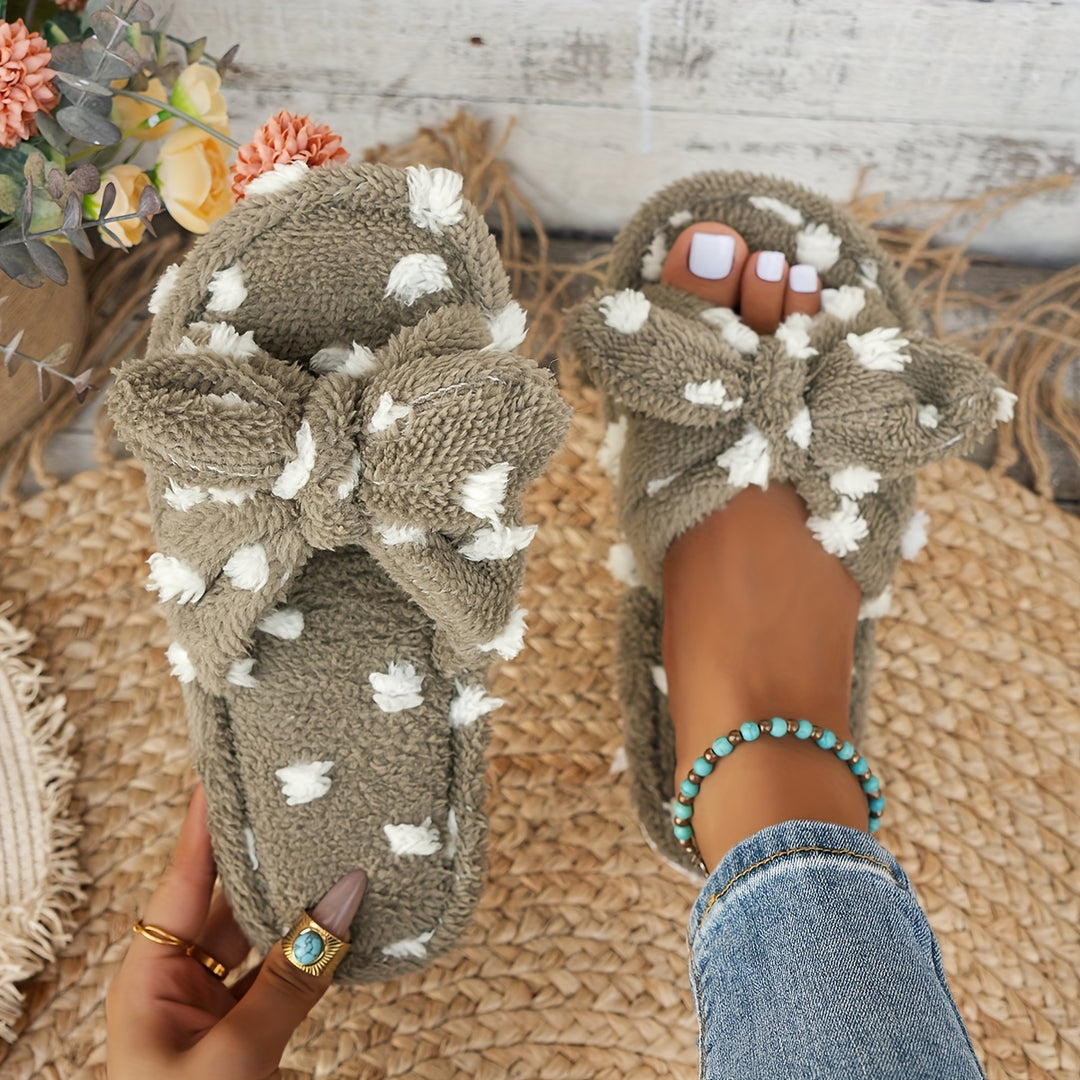 [Soft, Warm] Women's Plush Slippers with Polka Dot Bow - Soft, Warm, Non-Slip Indoor Footwear for Home Comfort in Spring & Autumn
