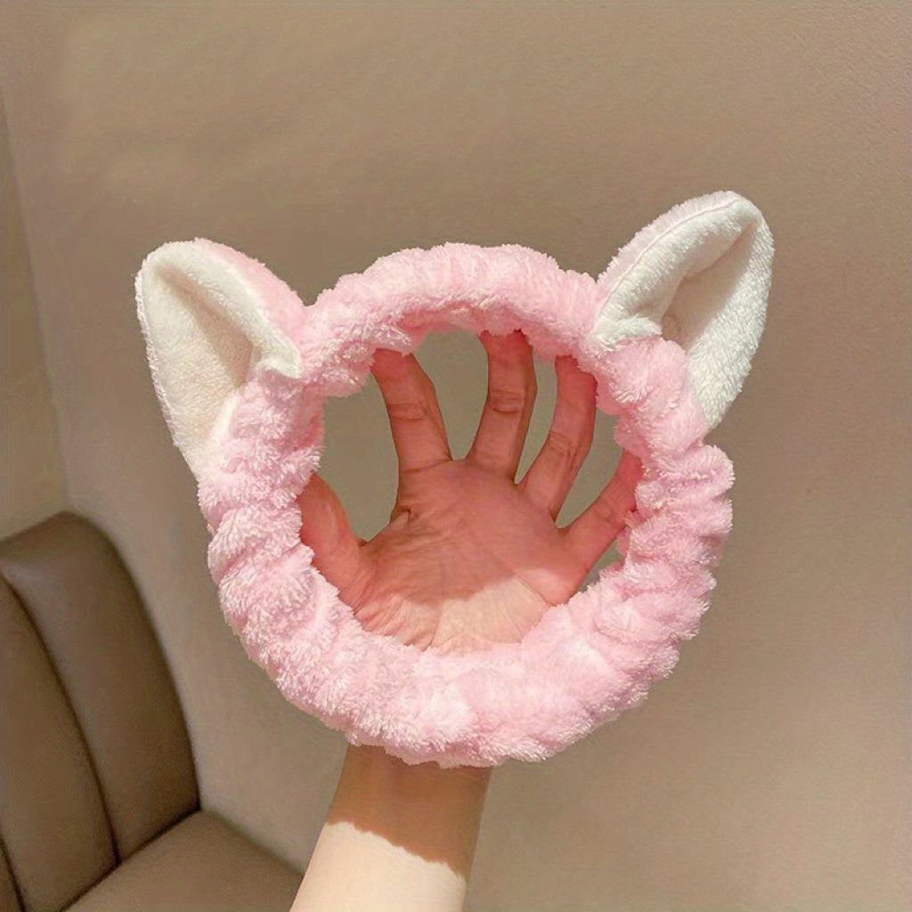 Coral Fleece Facial Spa Headband with Cat Ears - Comfortable and Stylish Skincare Headband for Washing Face and Makeup