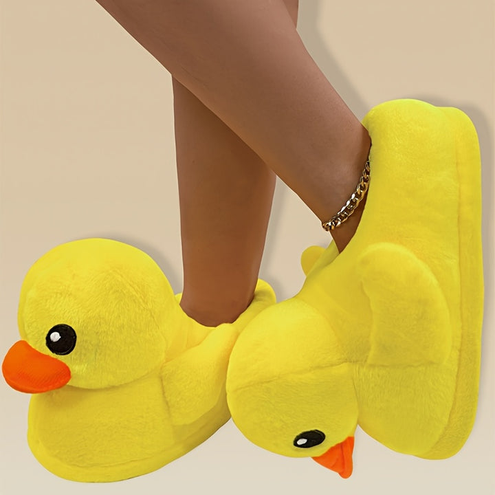 Cute Yellow Duck Plush Indoor Slippers for Women - Soft & Cozy Cartoon Design, Warm Winter Home Shoes with Fabric Upper and Sole, Easy Slip-On Style, House Slippers