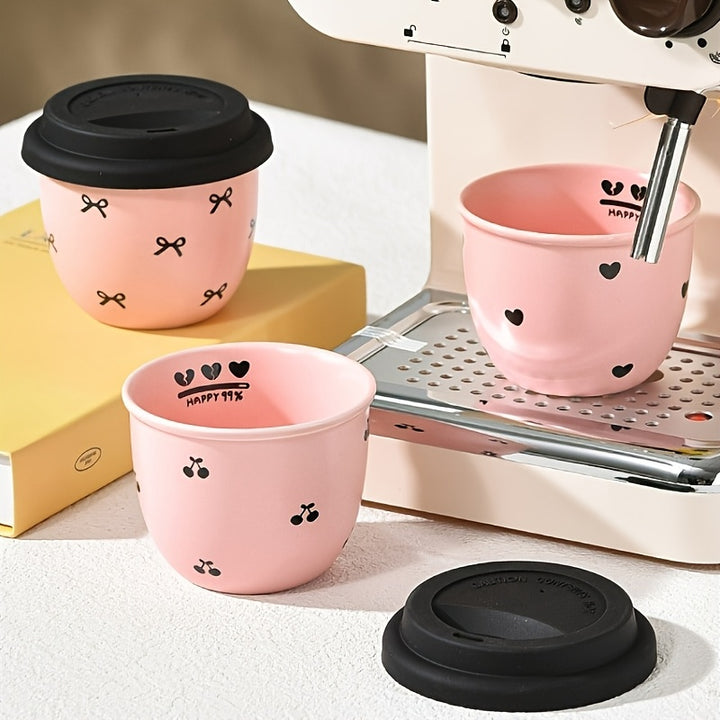 1pc High Beauty Pink 245Ml/8.29Oz Ceramic Coffee Cup with Lid. Bow Shaped Love Cherry Hand Cup, Afternoon Tea, Very Suitable for Mini Coffee, Coffee Lovers Gift, Valentine'S Day Gift, Sisters Gift, Mother Gift, Birthday Gift, Wedding Gift