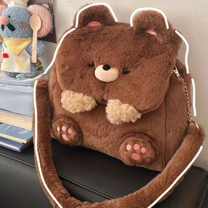[Large Capacity Teddy Bear Backpack] 1pc Adorable Cartoon Teddy Bear Backpack, Casual Style Faux Fur Large Capacity Storage Bag with Adjustable Straps, Lightweight Crossbody School Bookbag with Flap Closure and Snap Button Detail