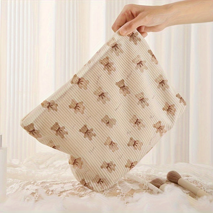 Cute Bear Print Corduroy Zipper Cosmetic Bag, Lightweight Makeup Organizer with Lined Interior, Multi-functional Toiletry Pouch, Polyester Unscented Random Print