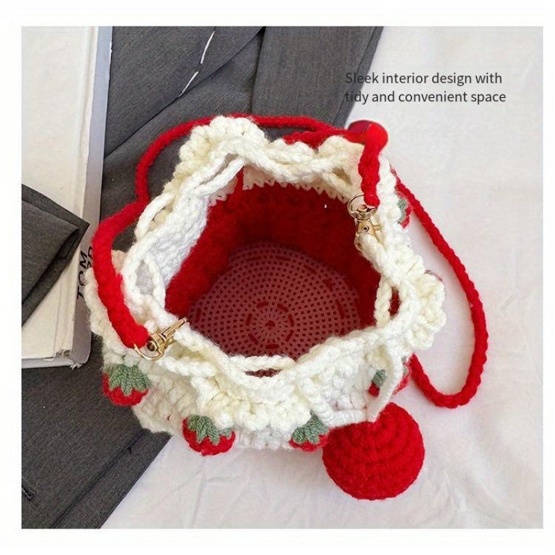 Handmade Strawberry Cake Knit Bucket Bag – Red & White Crochet Shoulder Messenger Bag with Drawstring Closure, Sweet Design for Women