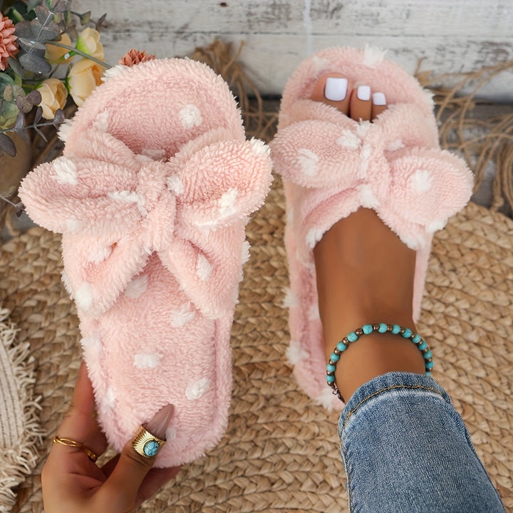 [Soft, Warm] Women's Plush Slippers with Polka Dot Bow - Soft, Warm, Non-Slip Indoor Footwear for Home Comfort in Spring & Autumn